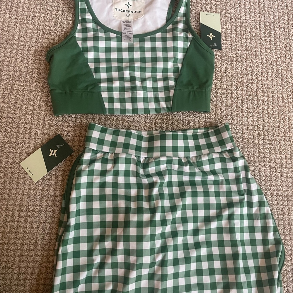 Tuckernuck Green Gingham Sports Bra + tennis golf Skirt